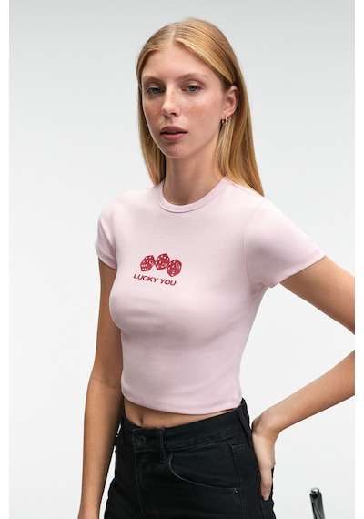 ETHIQUET NOVE E Kadın Bisiklet Yaka Kısa Kollu Önü Baskılı Crop Pembe T-Shirt