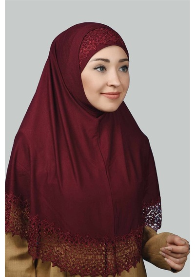 Altobeh İkili Set Dantelli Pratik Eşarp Hazır Hijab Ve Tesettür Bonesi Xl Bordo