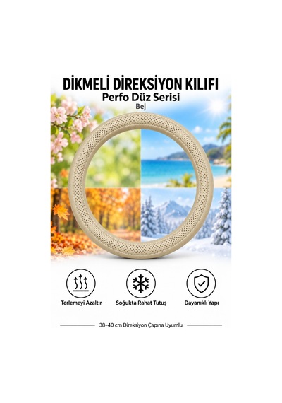 Trobus Opel Vectra 2003-2009 Uyumlu Dikmeli Direksiyon Kılıfı Perfo Düz Delikli Deri Bej