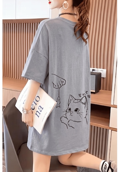 Fish And Cat Kadın Oversize Basic Bisiklet Yaka Pamuklu T-shirt Rahat Kesim Unisex Gri