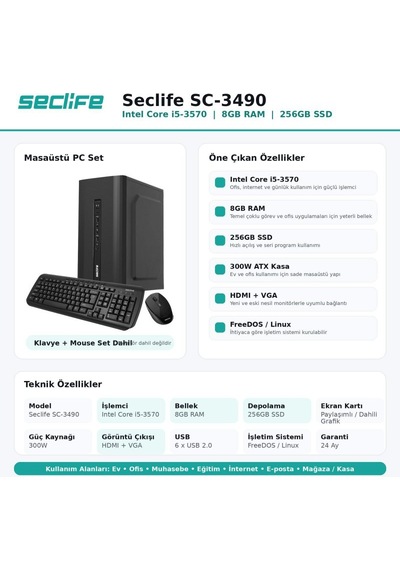 Seclife SC-3490 i5-3570 8 GB 256 GB NVMe SSD 300w Free Dos Masaüstü Bilgisayar