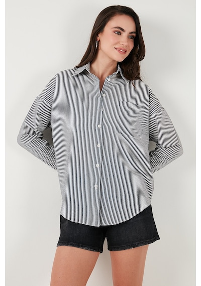 Lela Regular Fit Uzun Kollu Cepli Çizgili Bayan Gömlek 6772895 Siyah