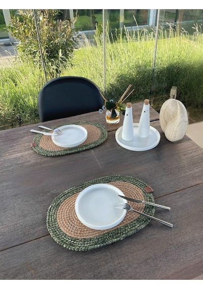 Bohem Tarz 2 Li Doğal İp Amerikan Servis Hasır Görünümlü, Leke Tutmaz, Naturel-yeşil 40x28 Cm Naturel/ Yeşil