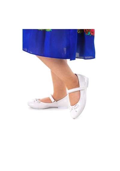 Kiko Kids Fiyonklu Cırtlı Kız Çocuk Babet Ayakkabı 201 Rugan Beyaz 001