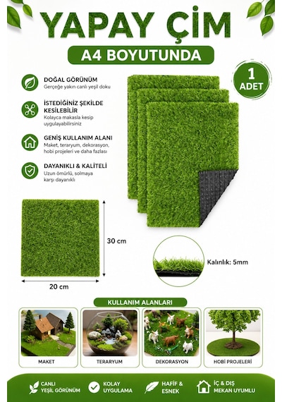 Maket Çimi Yapay Çim A4 20x30 Cm Teraryum Dekorasyon Suni Çim 1 Adet
