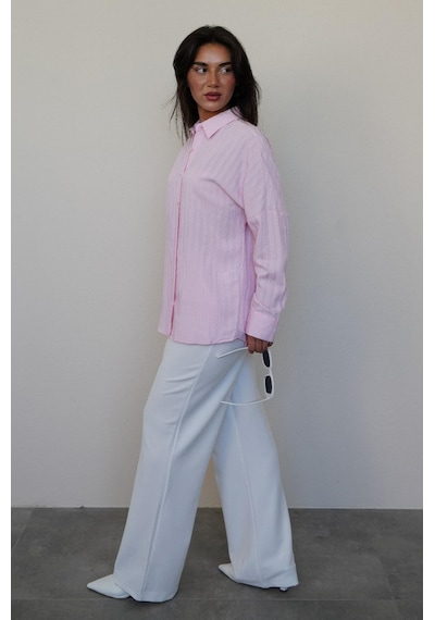 Madmext Pembe Uzun Kollu Çizgili Oversize Gömlek Mg2080 Pembe