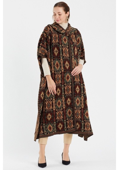 Uludağ Triko Kadın Kilim Desen Kapşonlu Panço Gümüş-Std Gümüş