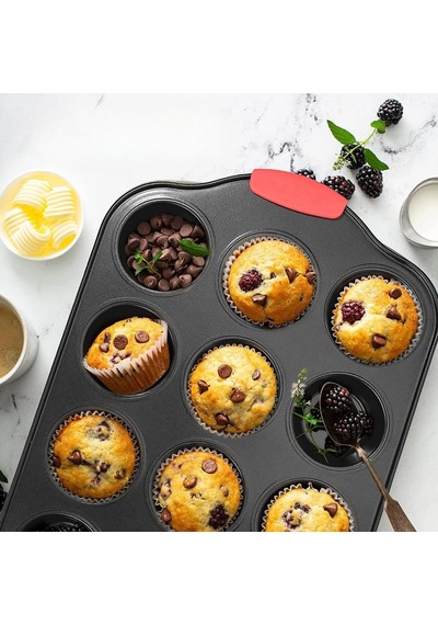 12 Bölmeli Muffin Ve Cupcake Kalıbı - Yapışmaz Karbon Çelik Fırın Kabı, Isıya Dayanıklı Kırmızı Siliko Diğer