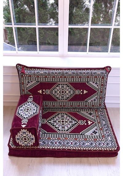 Bakırözü Home Şark Köşesi Takımı , 95 Cm Yer Minderi Takımı Bordo Yahyalı Modeli 3 Parça