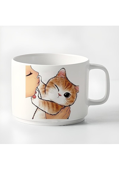 Duble Türk Kahvesi Fincanı & Espresso Yaramaz Sevimli Yavru Kedi 180 Ml Beyaz