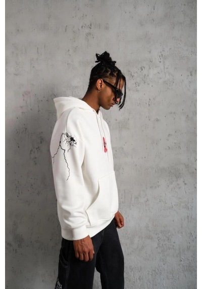 Erkek 3 İplik Pamuklu Kapüşonlu Baskılı Cepli Oversize Sweatshirt Hoodie - Beyaz