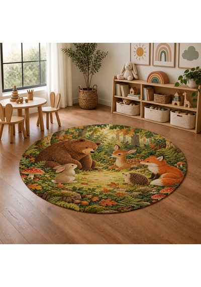 Kartela Halı Orman Dostları Yuvarlak Çocuk Oyun Halısı Kaymaz Dot Taban Yıkanabilir 120 Cm Çap