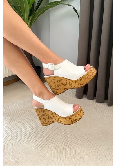 Kadın Pure Beyaz 10 Cm Dolgulu Yazılı Mantar Taban Ayakkabı