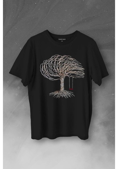 Hayat Ağacındaki Kırmızı Salincak Kuru Ağaç Baskılı Tişört Unisex T-shirt 001