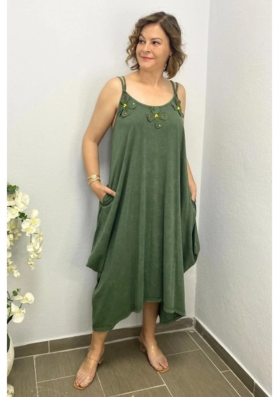 Mia Butik Büyük Beden Haki Pamuklu Şalvar Kesim Çiçekli Elbise Haki