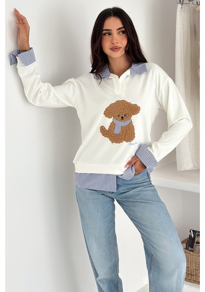 Kadın Nakış Peluş Ayıcık Figürlü Sweatshirt Eğlenceli & Şehirli Stil Beyaz