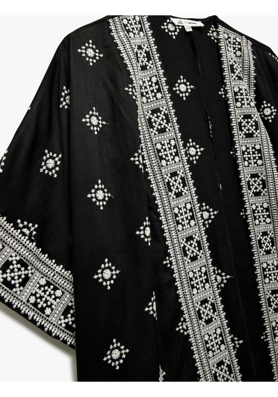 Koton Viskon Yarım Kollu Etnik Kimono Siyah Desenli 5sal50004ıw Siyah Desenli