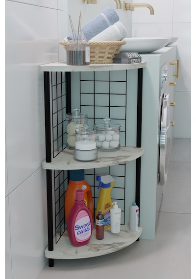 3 Raflıı Köşe Raf Banyo Ve Çamaşır Odası Çok Amaçlı Düzenleyici Metal Gövde Çevir Kur Kolay Kurulum Beyaz Mermer