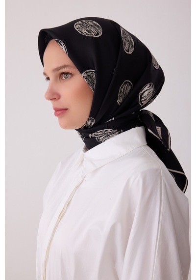 Belli Geometrik Desen %100 Twill İpek Eşarp Be27 Siyah-taş