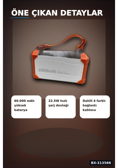 Acil Durum Işıklı 60000 Mah Powerbank - 4 Kablolu 22.5w Hızlı Şarj, Taşıma Saplı Bx-313566 Çok Renkli