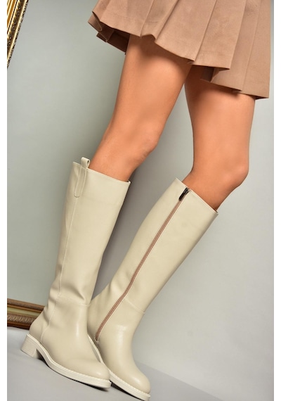 Fox Shoes T590962009 Bej Alçak Topuklu Kadın Çizme Bej-suni Deri Bej