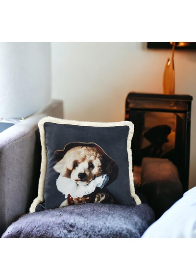 Özenev Köpek Desenli Lüks Dekoratif Hayvan Figürlü Saçaklı Avangard Kadife Kırlent Kılıfı Sanatsal Tasarım Diğer