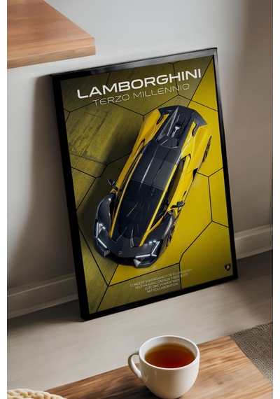 Lamborghini Terzo Millennio Siyah Ahşap Çerçeveli Poster, Dekoratif Araba Duvar Tablosu