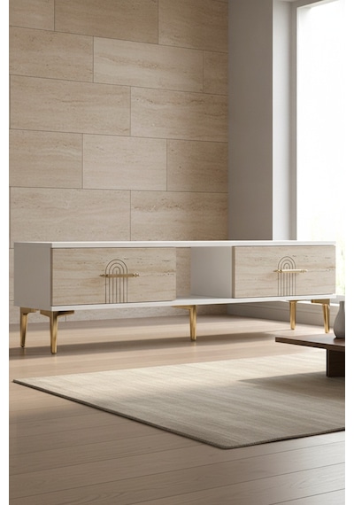 Tsa1515btg İda Tv Sehpası Beyaz-traverten-gold 150cm Beyaz - Traverten - Altın