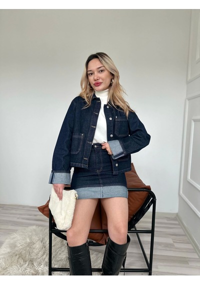Keymoda Kadın Denim Etek Ceket Takım Mavi Mavi
