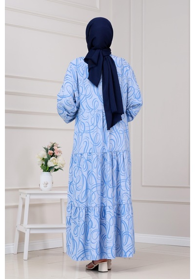 Sevitli Dalga Desen Robalı Elbise-mavi-5284