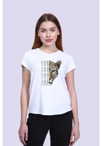 Newdesigner Kadın Beyaz Ön/Arka Tiger Baskılı V Yaka Tshirt Beyaz