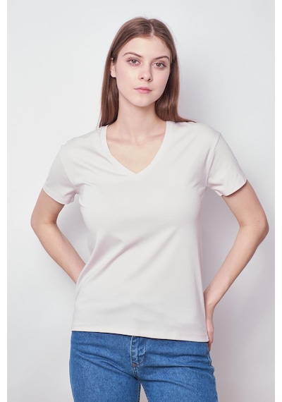 Jument Kadın V Yaka Kısa Kol Likralı Span Kumaş Şık T-shirt Bluz-şampanya Şampanya