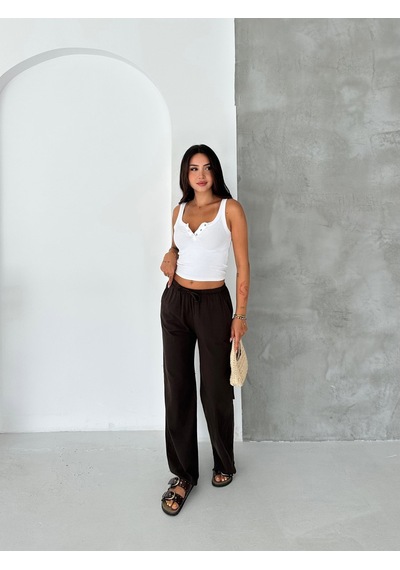 HLT Jeans Koyu Kahverengi Kadın Bel Lastik Detaylı İnce Dökümlü Baggy Keten Görünümlü Pantolon Emily-3023