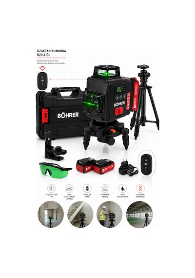 16 Çizgi 4d Şarjlı Ba011319 Lazer Hizalama 360 Yeşil Lazer Uzaktan Kumandalı Tripodlu Çift Bataryalı