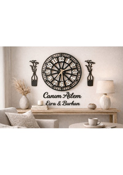 Salon Duvar Saati 40 Cm Çiçekler 30 Cm İsim Değişir No36 Çok Renkli