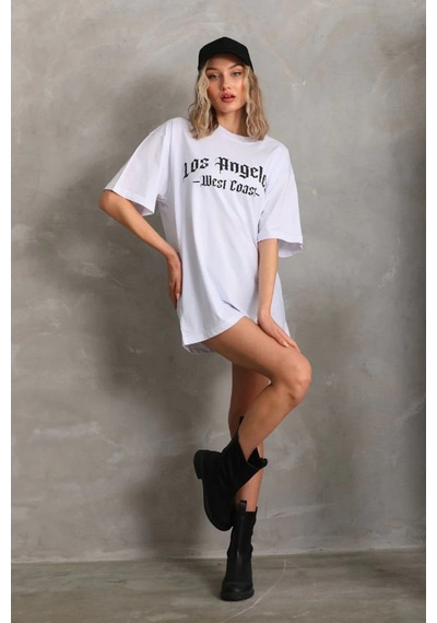 Assema Kadın Baskılı Tişort Kısa Kol Bisiklet Yaka Ovarsize T-shirt - Beyaz Çok Renkli