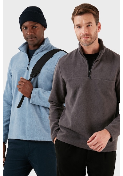 Buratti Slim Fit Yarım Fermuarlı Yumuşak Dokulu Şardonlu 2'Li Paket Erkek Polar 59060011S2 Füme-Koyu Mavi