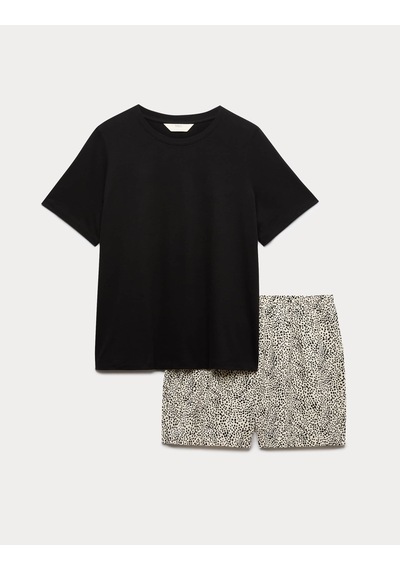 Marks & Spencer Pamuk Karışımlı Desenli Şortlu Pijama Takımı T37004644F Siyah Mix