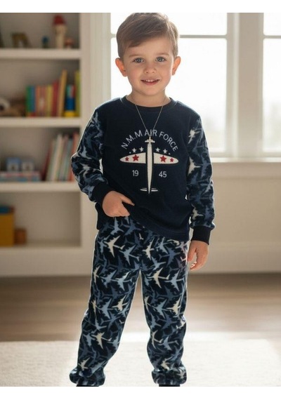 Zekids Erkek Çocuk Uçak Polar Desenli Pijama Takımı-16813 Lacivert