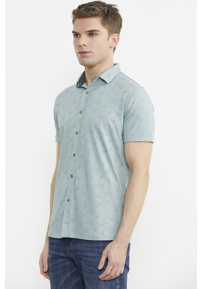 Slim Fit Baskılı Penye Gömlek - Yeşil Yeşil