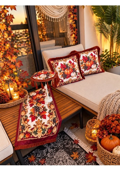 Missidea Autumn Luxury Desenli Dekoratif Masa Üstü Lambası Bali Şemsiyesi Seti Şemsiye + Runner + 2 Li Kırlent Kılıfı Çok Renkli