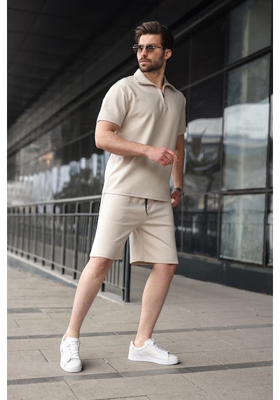 Madmext Bej Yarım Fermuarlı Polo Yaka T-shirt Şort Takım E7348 Bej