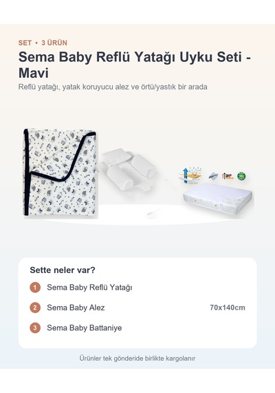 Sema Baby Yatağı Uyku Seti 3 Parça: Yatağı + Alez + Battaniye - Mavi
