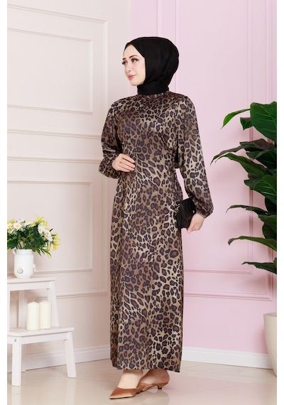 Yanı Bağcıklı Leopar Desenli Tesettür Abiye-kahverengi-4682