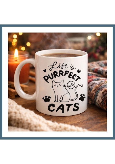Bezos Life İs Purrfect With Cats Kedi Desenli Porselen Kupa Model 62 Sevimli Kedi Figürlü Kahve Kupası Agc Diğer