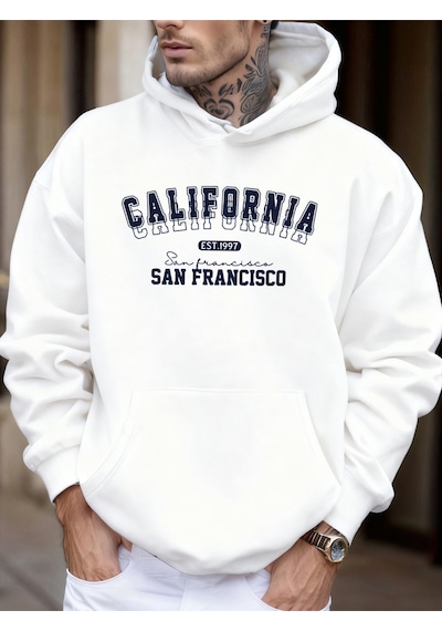 Startmore Startmorecalifornia San Francisco Est 1997 Baskılı Yumuşak Bol Kapüşonlu Üstler Polar Sonbahar Spor Gi Beyaz