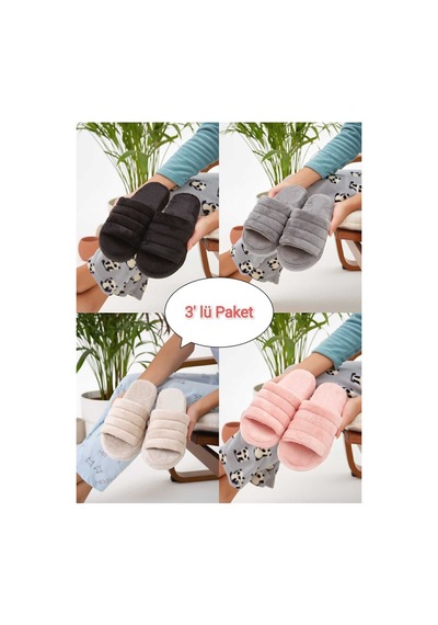 Stwenn 3 Lü Avantajlı Paket Kışlık Peluş Desenli Sessiz Ortopedik Taban Çeyiz Misafir Ev Terliği Set 3'lü Paket Kanada