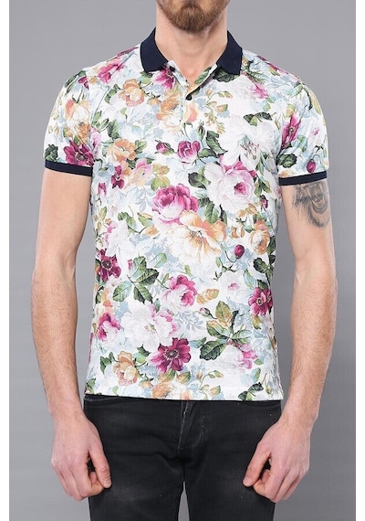 Yake Store Polo Yaka Çiçek Desenli T-shirt - Wessi - Yeşil Beyaz