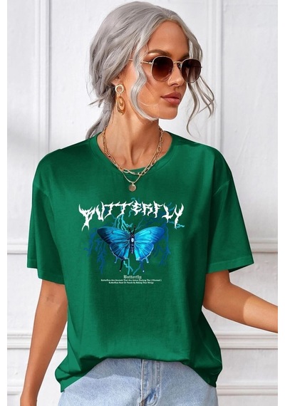Unisex Blue Butterfly Baskılı Tasarım Tshirt Yeşil