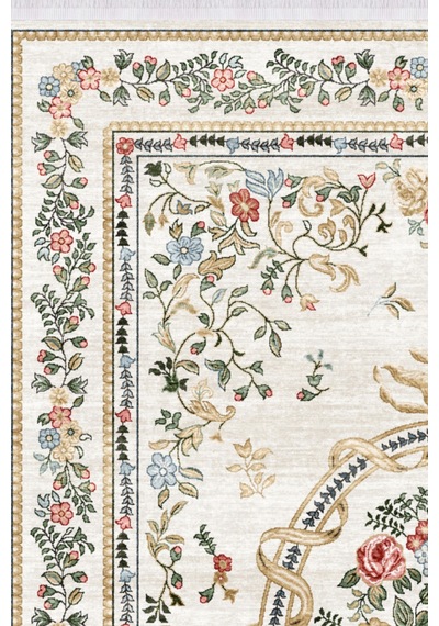 Vintage Gül Desenli Krem Fransız Klasik Şık Salon Oturma Odası Yıkanabilir Kaymaz Taban Kilim Krem Krem